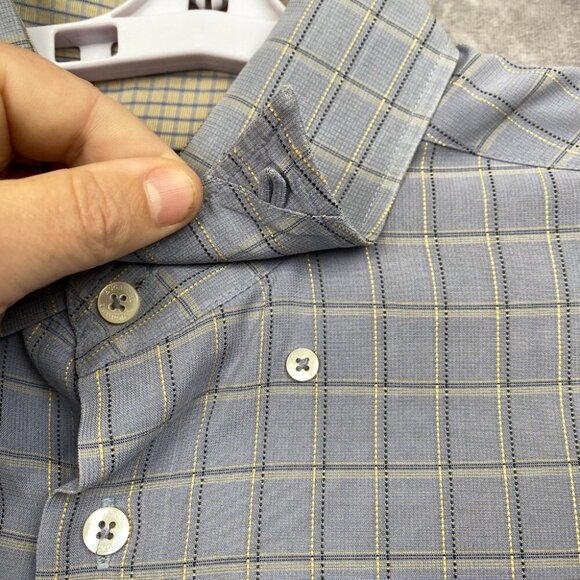 BUGATCHI Button Front Shirt Men Large Blue Plaid Hidden Button Collar Rayon/Poly - Picture 5 of 11